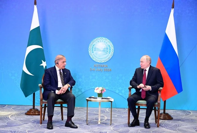 Pakistan Prime Minister Shehbaz Sharif meets Russian President Vladimir Putin at the sidelines of the Shanghai Cooperation Organization (SCO) leaders’ summit in Astana on July 3, 2024. (Government of Pakistan/File)