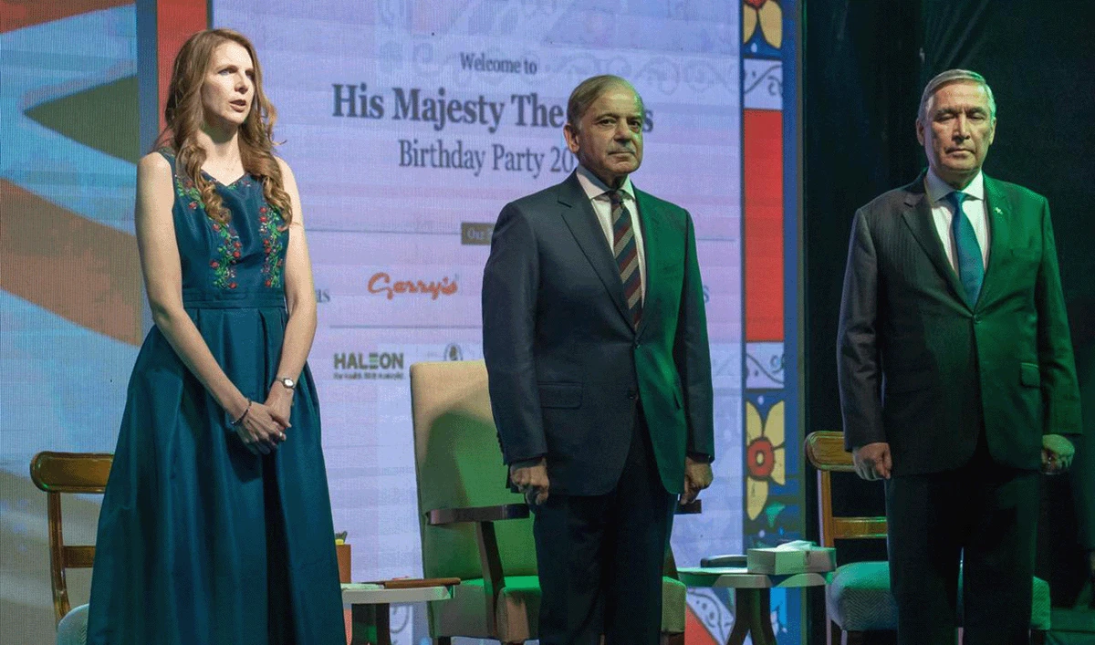 Prime Minister of Pakistan, Shehbaz Sharif (center) attending King Charles III's birthday with British High Commissioner Jane Marriott (left) in Islamabad, Pakistan, on November 14, 2025. (Government of Pakistan)