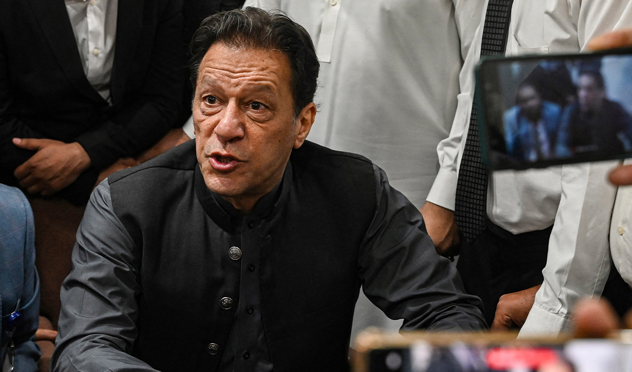 Pakistan’s former prime minister, Imran Khan, speaks to media at the registrar’s office in Lahore High Court, in Lahore on July 3, 2023. (AFP/File)