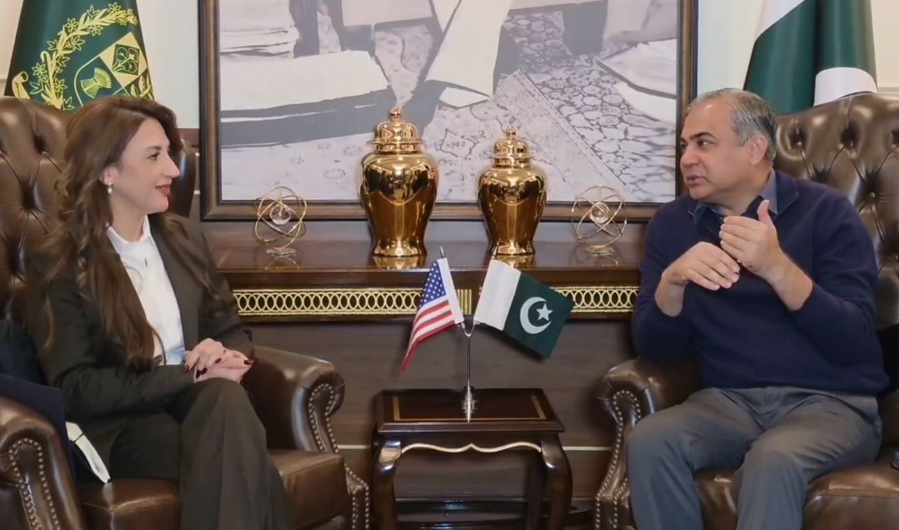 The screengrab taken from a video shows Pakistan’s Interior Minister Mohsin Naqvi meeting acting US ambassador Natalie Baker (left) in Islamabad, Pakistan, on December 6, 2025. (Screengrab/Interior Ministry)
