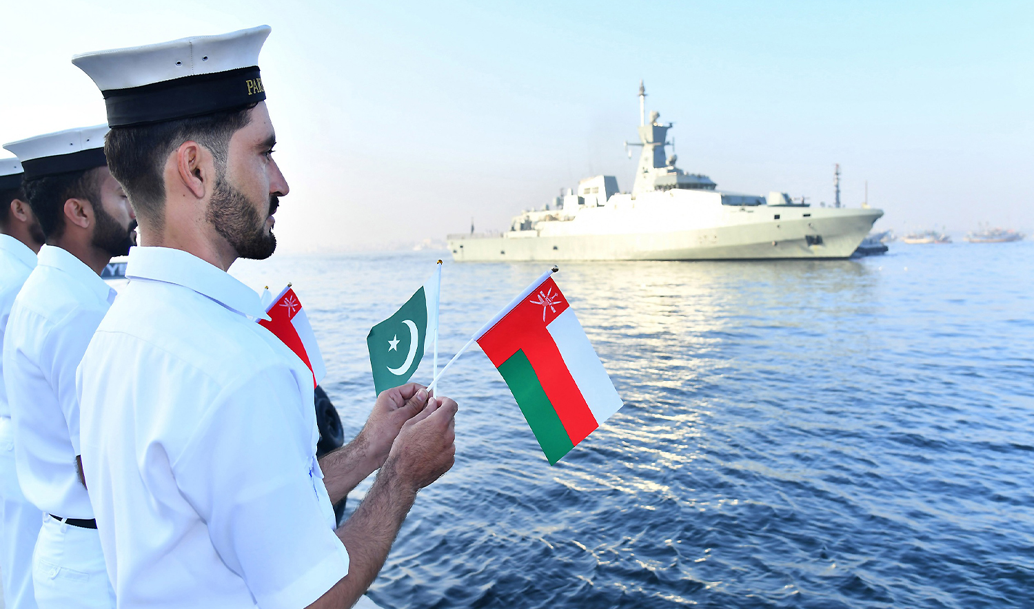 Royal Navy of Oman arrives for Pakistan-Oman exercise at Karachi port in Karachi on December 6, 2025. (Pakistan Navy)