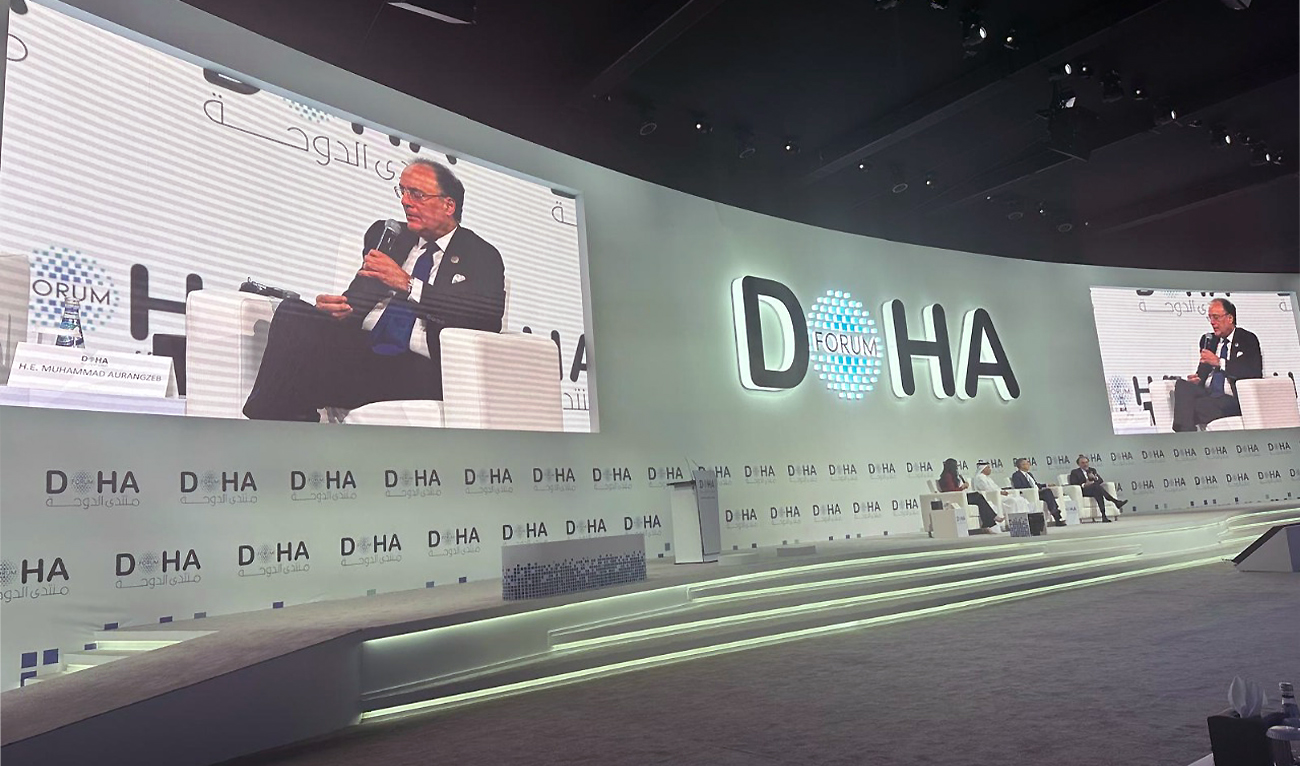 Pakistan’s Finance Minister Muhammad Aurangzeb is speaking at the 3rd edition of the Doha Forum in Doha, Qatar, on December 6, 2025. (Pakistan Finance Ministry)