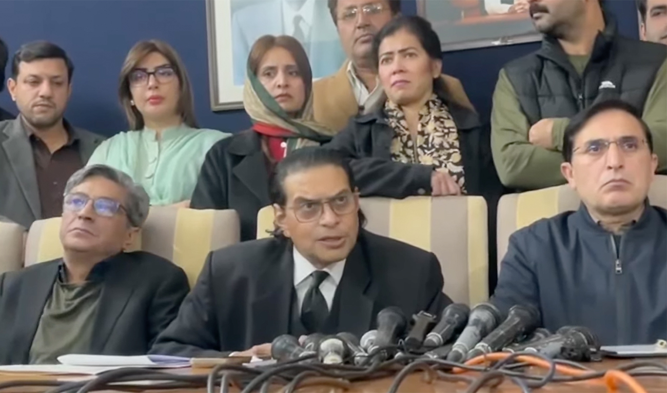 PTI party’s secretary-general, Salman Akram Raja, is addressing journalists in Islamabad, Pakistan, on December 6, 2025. (PTI YouTube/Screengrab)