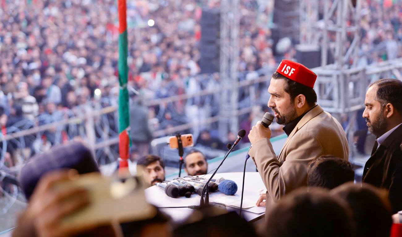 Sohail Afridi, the chief minister of Khyber Pakhtunkhwa, speaks during a political rally in Peshawar on December 8, 2025. (PTI KP media)