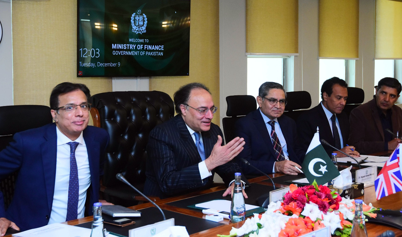 Pakistan’s Federal Minister for Finance and Revenue, Muhammad Aurangzeb (second left), holding a meeting with the United Kingdom’s Minister for Development, Baroness Chapman (not present), at the Finance Division in Islamabad, Pakistan, on December 9, 2025. (Finance Ministry)