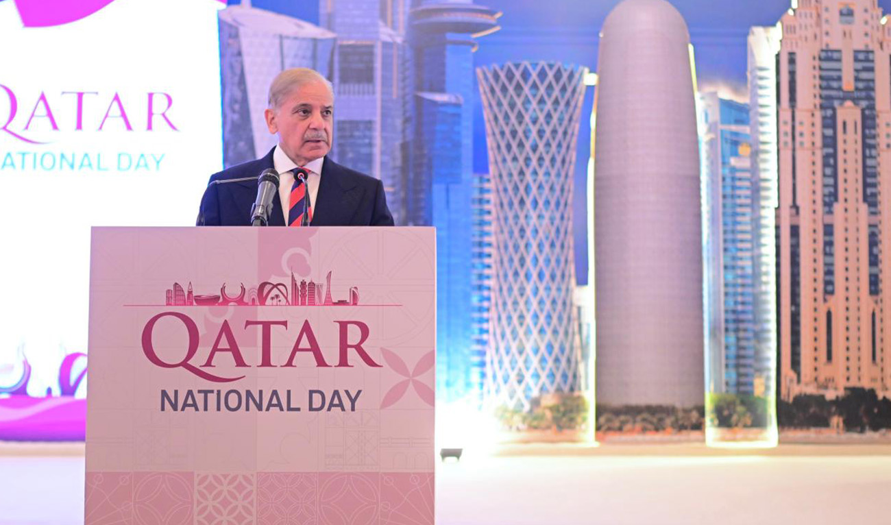 Pakistan's Prime Minister Shehbaz Sharif speaking during a ceremony to mark Qatar’s National Day in Islamabad on December 9, 2025. (Government of Pakistan)