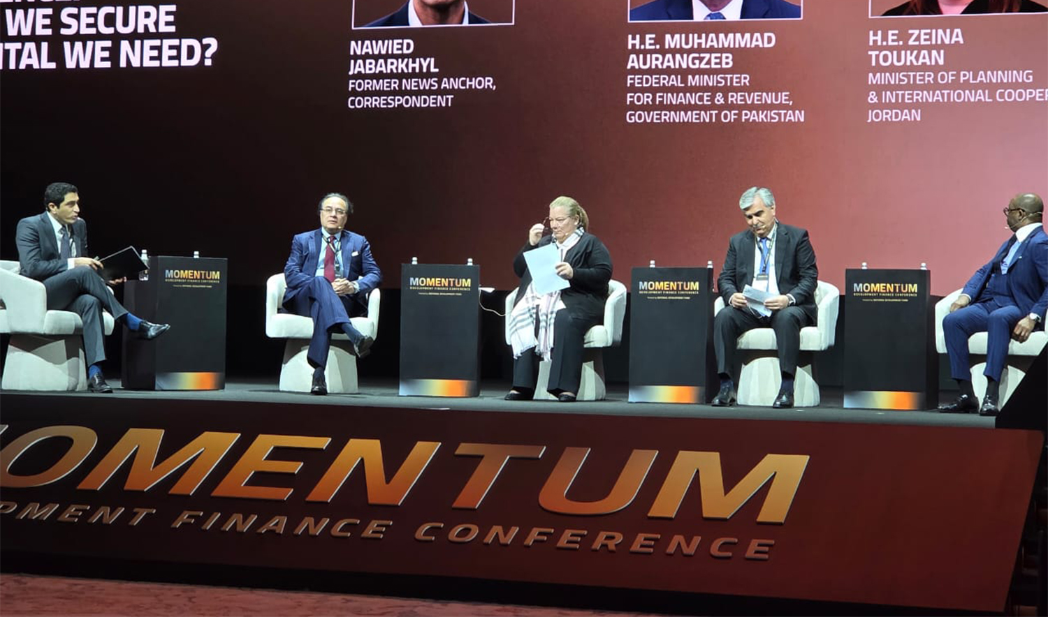 Pakistan's Finance Minister Muhammad Aurangzeb (2L) is addressing at the Global Development Finance Conference – Momentum 2025 in Riyadh on December 11, 2025. (Finance Ministry)