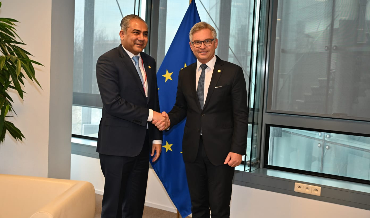 Pakistan Interior Minister Mohsin Naqvi meets European Union Commissioner for Home Affairs and Migration Magnus Brunner in Brussels on December 11, 2025. (Pakistan Interior Ministry)