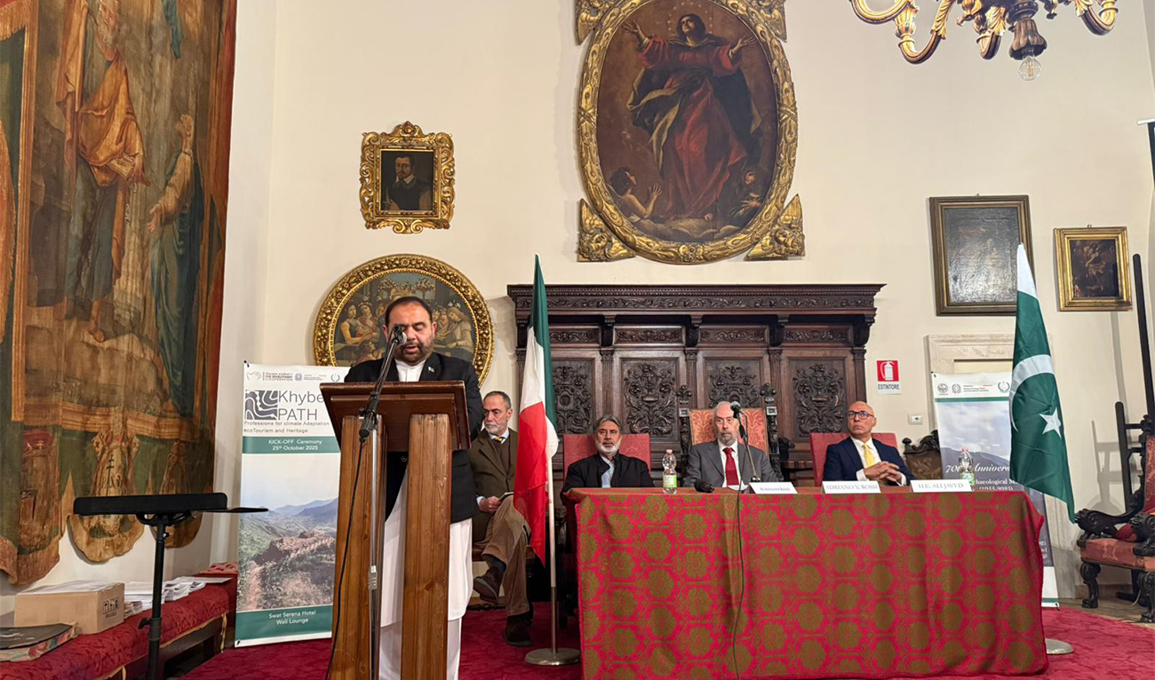 Federal Minister for National Heritage & Culture, Aurangzeb Khan Khichi, speaking at an event marking 70 years anniversary of Italian Archaeology Center at Swat, in Italy on December 14, 2025. (MoFA)