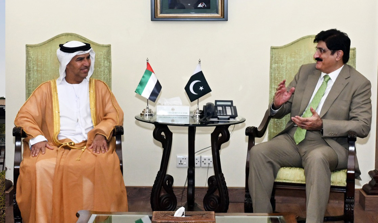 Sindh Chief Minister Syed Murad Ali Shah meeting UAE Ambassador to Pakistan Salem Mohammed Al Zaabi in Karachi on December 16, 2025. (PID)