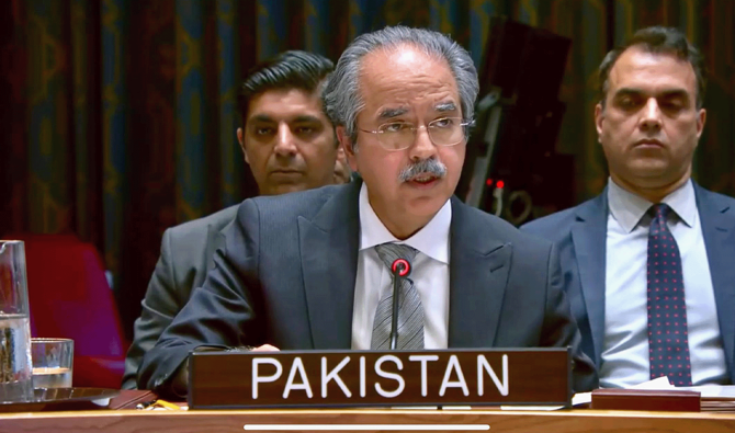 Pakistan’s permanent ambassador to the United Nations, Asim Iftikhar Ahmed addressing the United Nations Security Council in New York, US, on September 17, 2025. (@PakistanUN_NY/X)