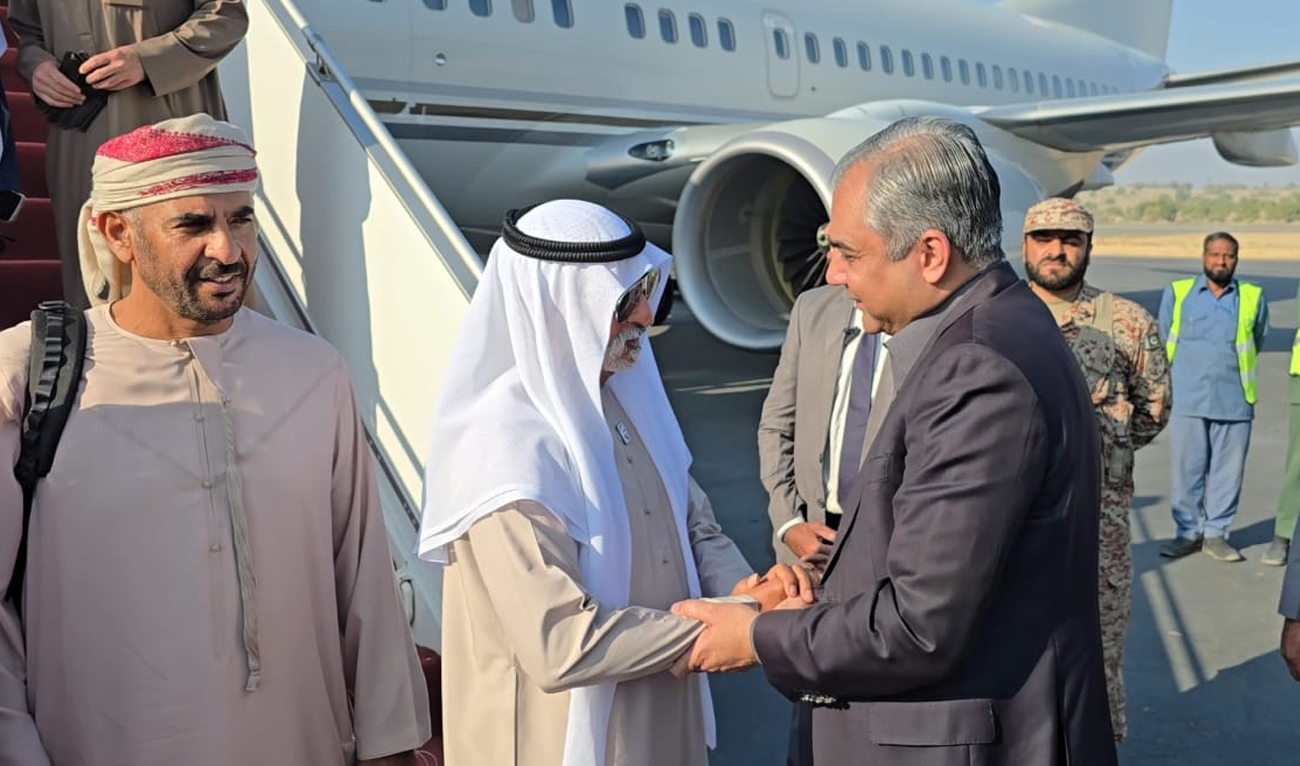Pakistan’s Interior Minister Mohsin Naqvi (right) receives the UAE’s Minister of Tolerance and Coexistence Sheikh Nahyan bin Mubarak Al Nahyan (center) in Khairpur District of Sindh province, Pakistan, on December 17, 2025. (Interior Ministry)