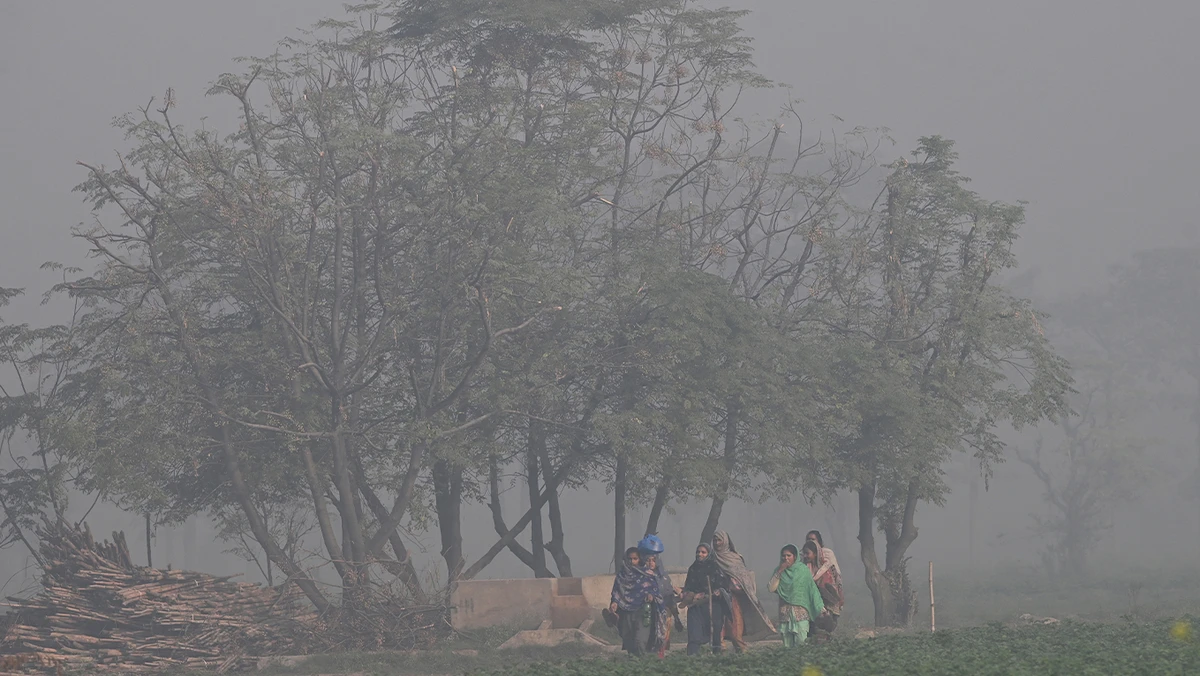 Women walk through a field amid smoggy conditions on the outskirts of Lahore, Pakistan, on November 24, 2025. (AFP/File)