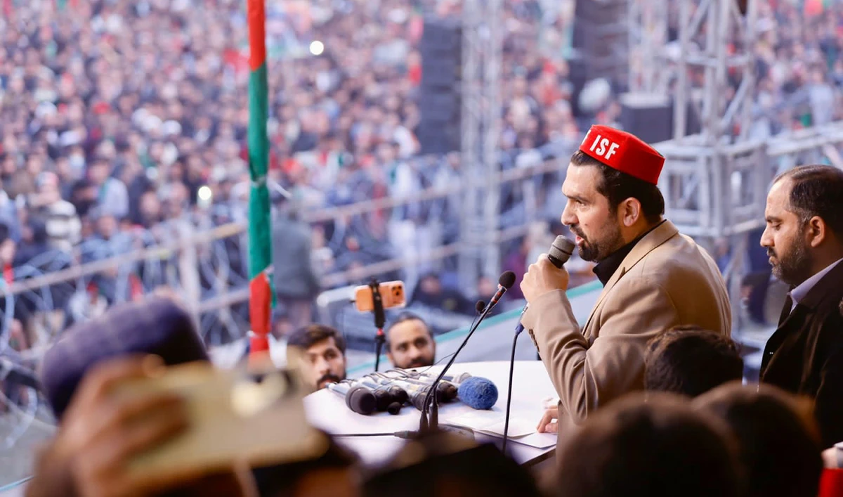 Sohail Afridi, the chief minister of Khyber Pakhtunkhwa, speaks during a political rally in Peshawar on December 8, 2025. (PTI KP media)