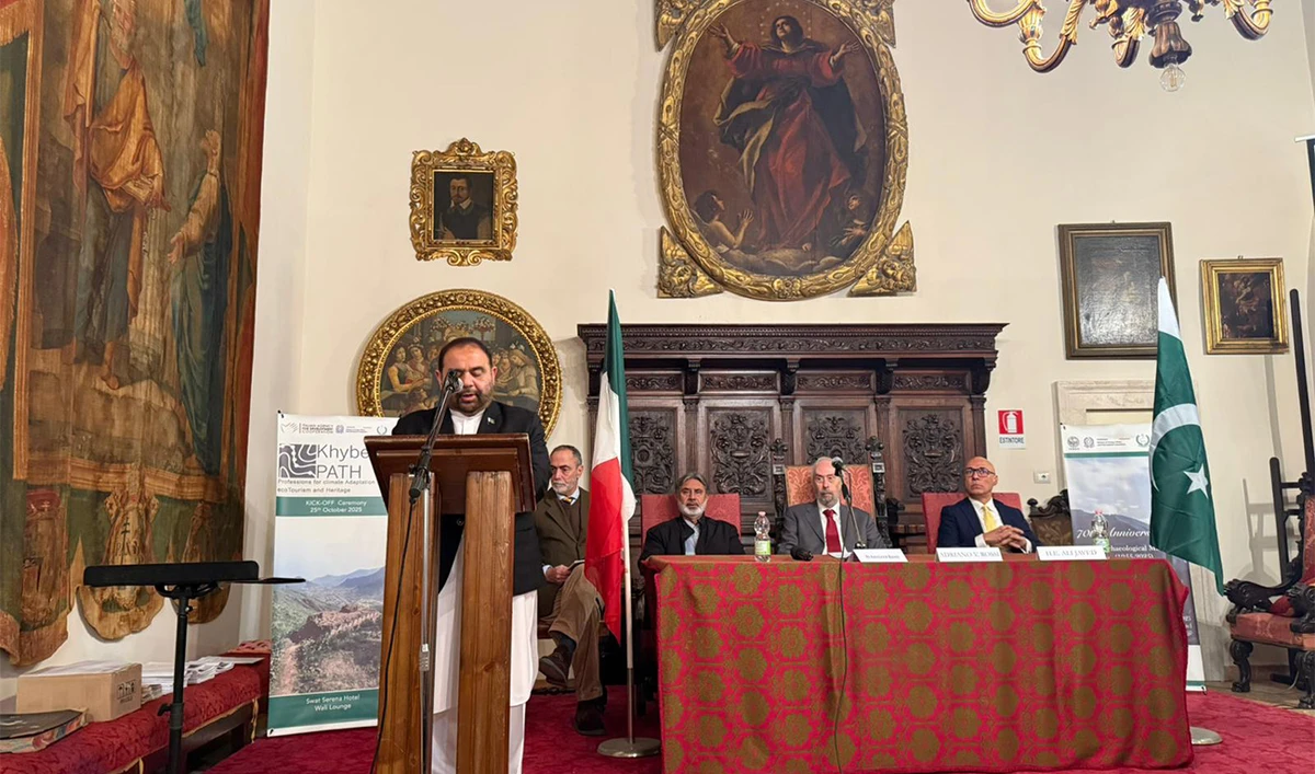 Federal Minister for National Heritage & Culture, Aurangzeb Khan Khichi, speaking at an event marking 70 years anniversary of Italian Archaeology Center at Swat, in Italy on December 14, 2025. (MoFA)