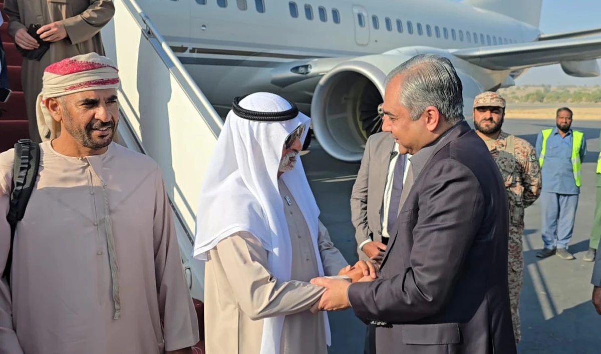 Pakistan’s Interior Minister Mohsin Naqvi (right) receives the UAE’s Minister of Tolerance and Coexistence Sheikh Nahyan bin Mubarak Al Nahyan (center) in Khairpur District of Sindh province, Pakistan, on December 17, 2025. (Interior Ministry)