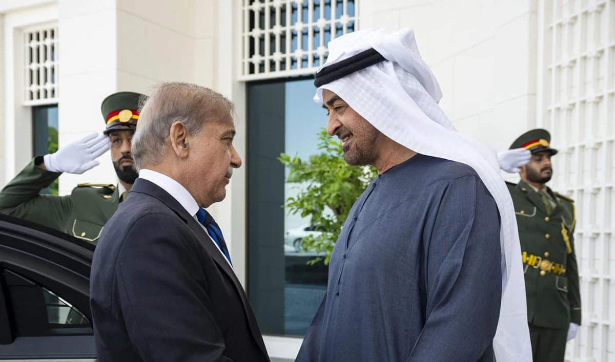 In this handout photo, released by the Pakistan Prime Minister’s Office, United Arab Emirates President Sheikh Mohamed bin Zayed Al Nahyan receives Pakistan Prime Minister Shehbaz Sharif (left) at the Qasr Al Shati in Abu Dhabi, UAE, on June 12, 2025. (PMO/File)