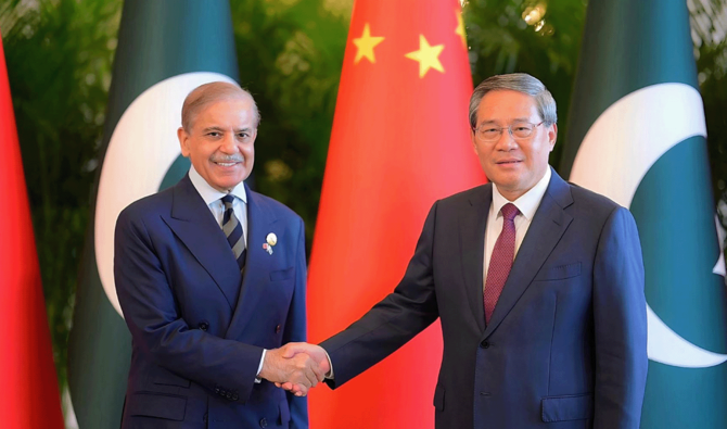 Pakistan's Prime Minister Shehbaz Sharif (left) shaking hands with Chinese counterpart, Li Qiang in Bejing, China on September 4, 2025. (Government of Pakistan)