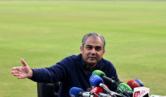 Pakistan interior minister Mohsin Naqvi addresses a presser at Gaddafi Stadium in Lahore on January 31, 2025. (AFP/ file)