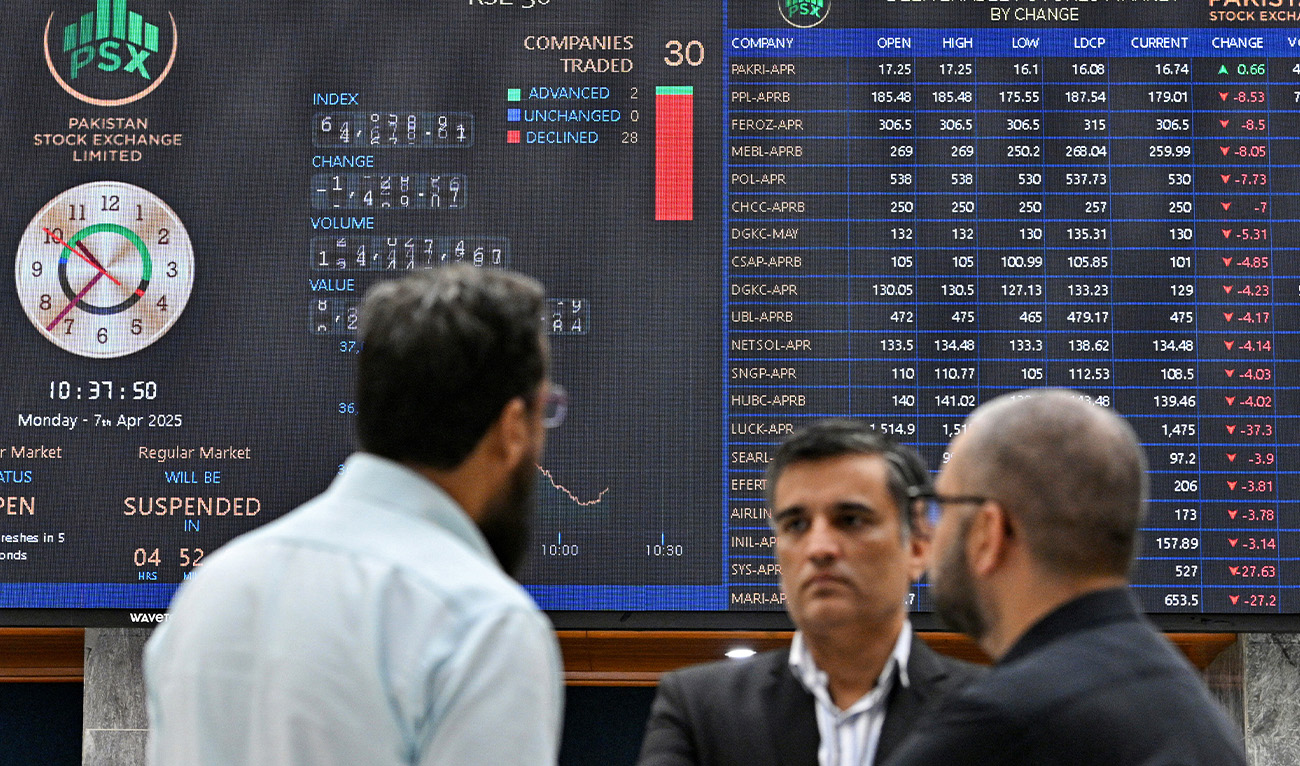 Stock brokers monitor share prices on a digital screen during a trading session at the Pakistan Stock Exchange, in Karachi on April 7, 2025. (AFP/File)