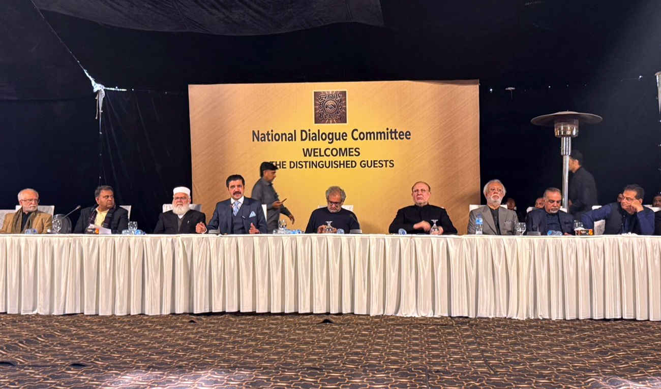 Member of the National Assembly (MNA), Sher Afzal Marwat (fourth left), addresses the National Dialogue Committee (NDC) in Islamabad, Pakistan, on January 7, 2026. (Faisal Fareed Chaudhry)