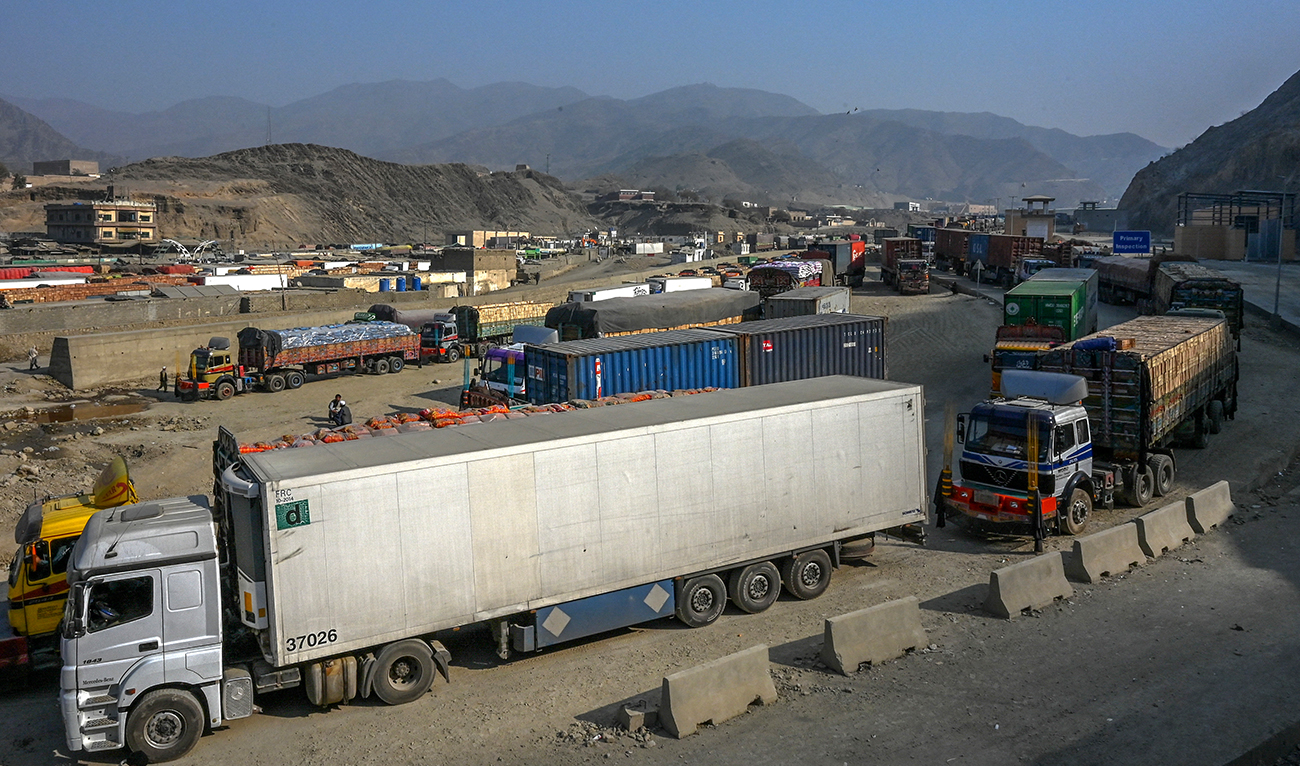 Stranded trucks are pictured near the Pakistan-Afghanistan border in Torkham on January 16, 2024. (AFP/ file)