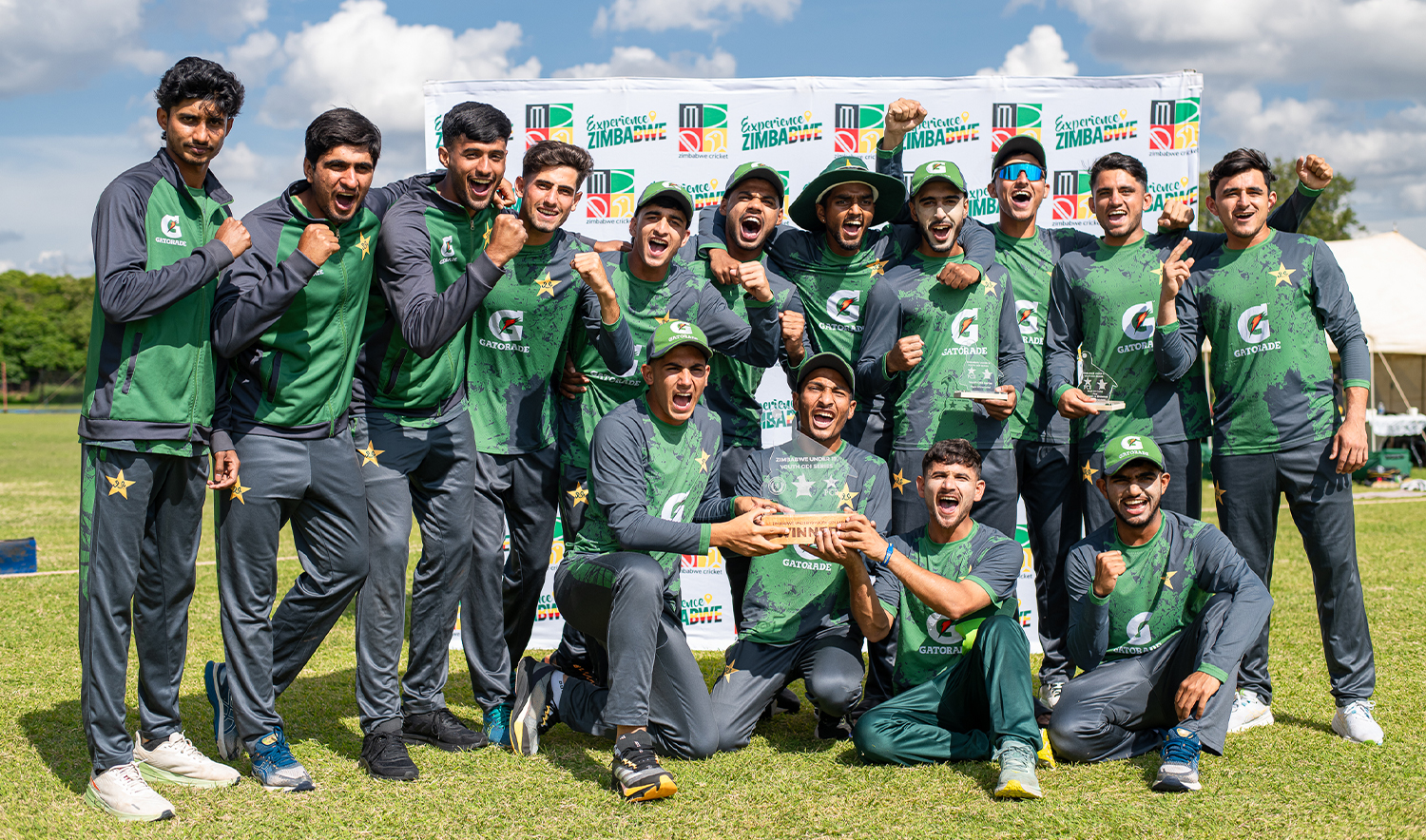Pakistan U-19 cricketers celebrate after winning the final of the U19 tri-series against Zimbabwe at the Old Hararians in Harare on January 6, 2026. (PCB/X)