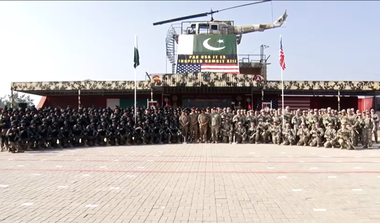 Officers of Pakistan and US Army pose for a group photo at the inaugural ceremony of a two-week-long joint counterterrorism exercise at the National Counter Terrorism Center in Pabbi, Punjab, Pakistan, on January 10, 2024. (Screengrab/ISPR)
