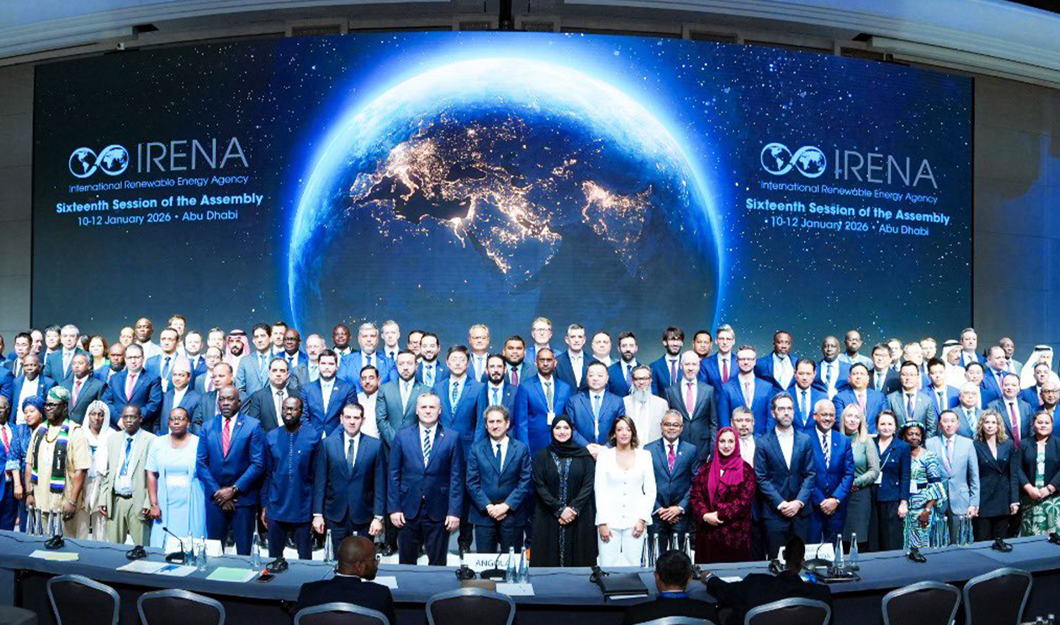 Attendees of 16th International Renewable Energy Agency (IRENA) Assembly pose for a picture in Abu Dhabi, UAE, on January 11, 2026. (@AusAmbUAE/X)