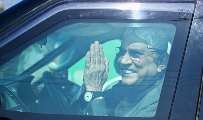 Pakistan's President Asif Ali Zardari gestures as he leaves after casting his ballot to vote during the country's national elections, in Nawabshah, Sindh province on February 8, 2024. (AFP/ file)