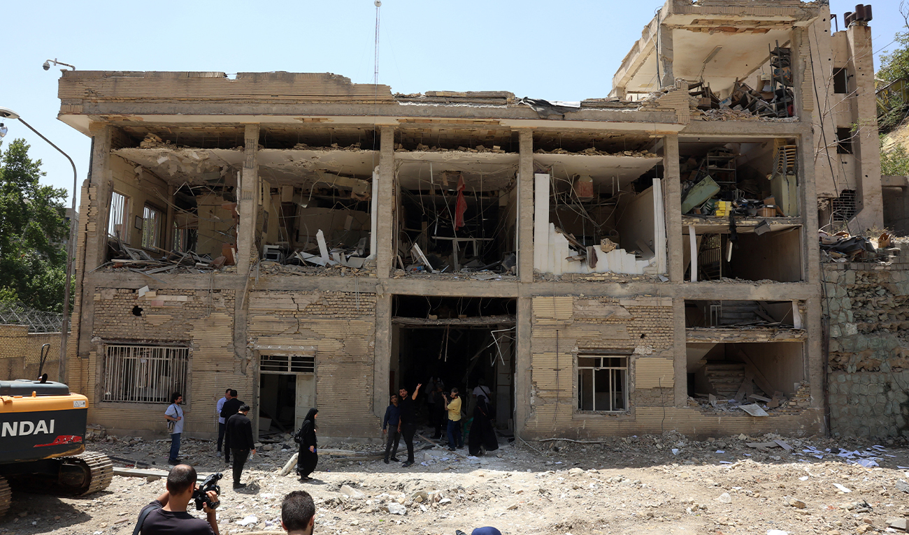 This picture shows a view of the destruction at the Evin prison’s visitors room after Israeli air strikes the previous month, in Tehran, on July 1, 2025. (AFP/ file)