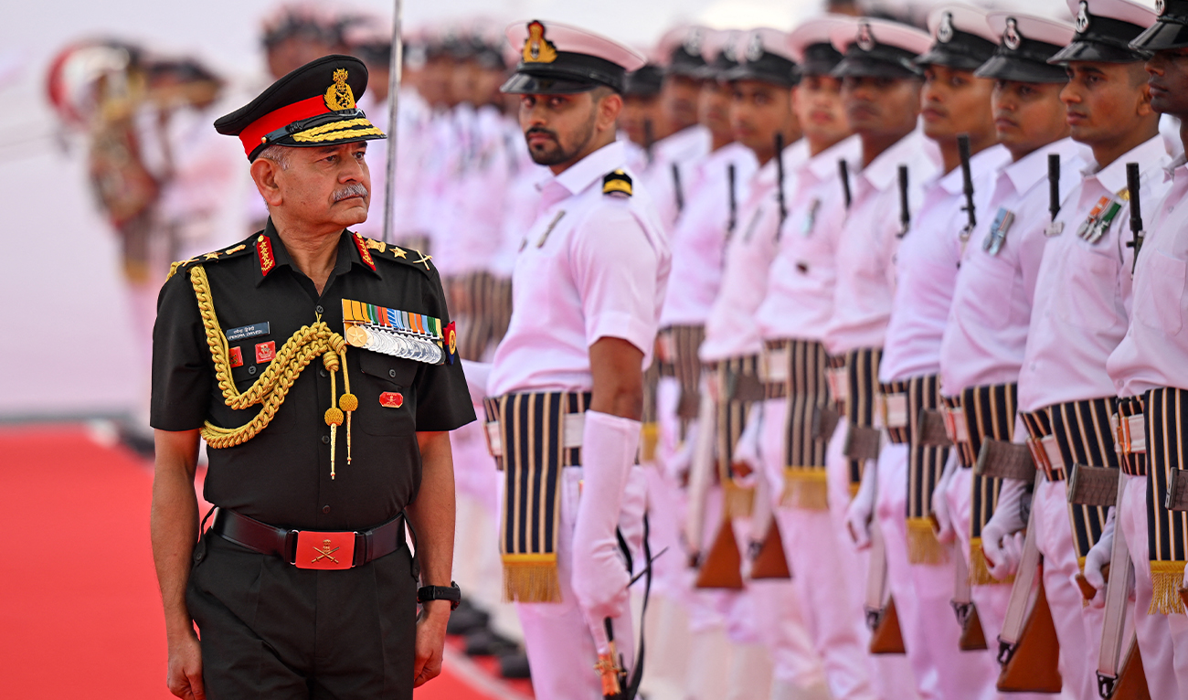 Indian Army Chief General Upendra Dwivedi inspects the guard of honour during the commissioning ceremony of INS Mahe, the first of the Mahe-class Anti-Submarine Warfare Shallow Water Craft, at the Naval Dockyard in Mumbai on November 24, 2025. (AFP/ file)