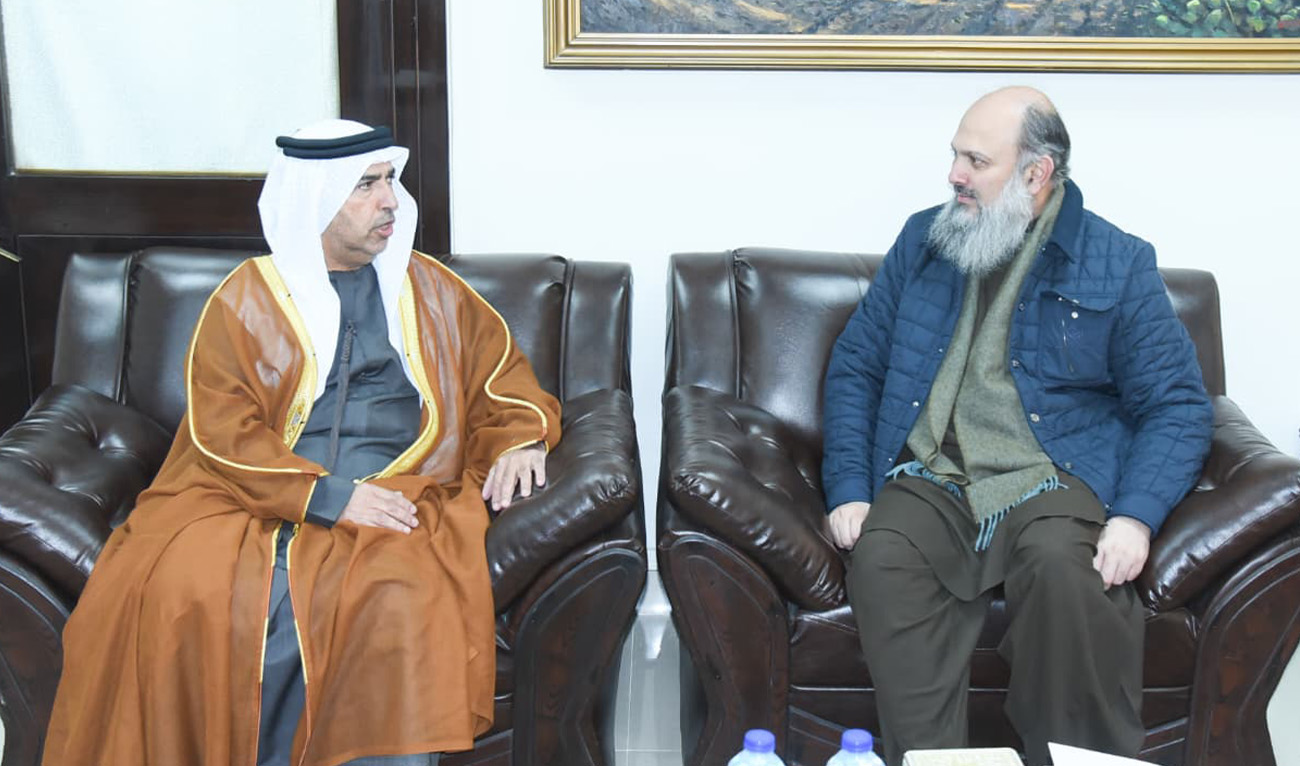 Pakistan’s Commerce Minister Jam Kamal Khan (right) in conversation with UAE’s Ambassador Salem Mohammed Salem Al Zaabi in Islamabad on January 15, 2026. (Government of Pakistan)