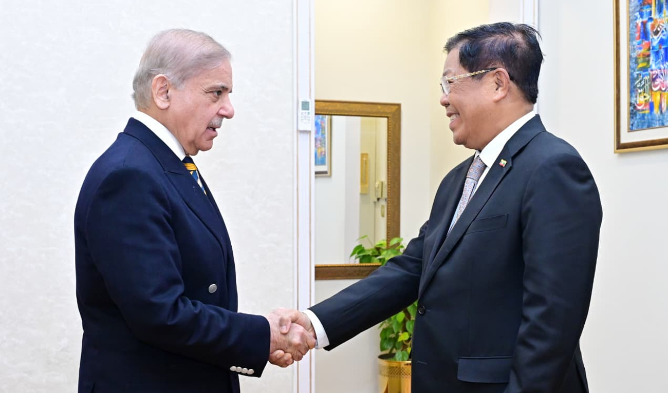 Prime minister Shehbaz Sharif (L) and Myanmar’s FM Than Swe (R) shake hands at the Ministry of Foreign Affairs in Islamabad on Jan 27, 2026. (X/GovtofPakistan)
