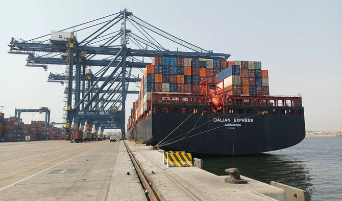 This picture taken on March 8, 2023, shows a cargo ship set to sail from a sea port in Karachi, Pakistan. (Radio Pakistan/File)