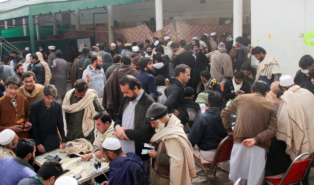 Residents from Tirah valley, who fled a remote mountainous region bordering Afghanistan, gather to get themself registered, in Bara, Khyber District of Khyber Pakhtunkhwa province, Pakistan, on January 30, 2026. (REUTERS)