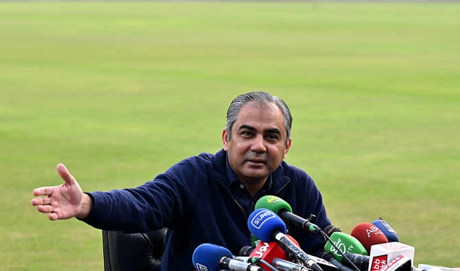 Pakistan interior minister Mohsin Naqvi addresses a presser at Gaddafi Stadium in Lahore on January 31, 2025. (AFP/ file)