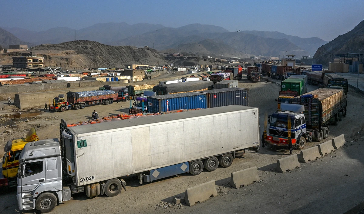 Stranded trucks are pictured near the Pakistan-Afghanistan border in Torkham on January 16, 2024. (AFP/ file)