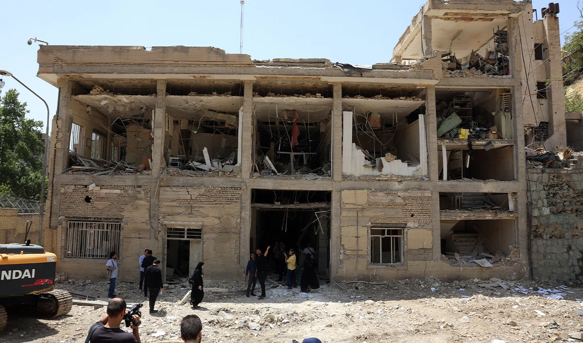 This picture shows a view of the destruction at the Evin prison’s visitors room after Israeli air strikes the previous month, in Tehran, on July 1, 2025. (AFP/ file)