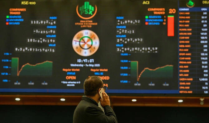 A stockbroker monitors share prices on a digital screen at the Pakistan Stock Exchange (PSX) in Karachi on May 7, 2025. (AFP/File)