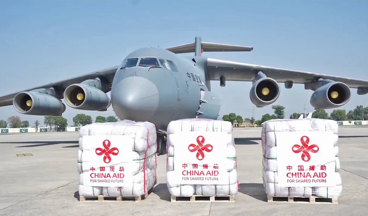 The file image shows a Chinese aircraft carrying monsoon relief aid lands at NurKhan Air Base in Rawalpindi, Pakistan, on September 28, 2025. (@ndmapk/X)