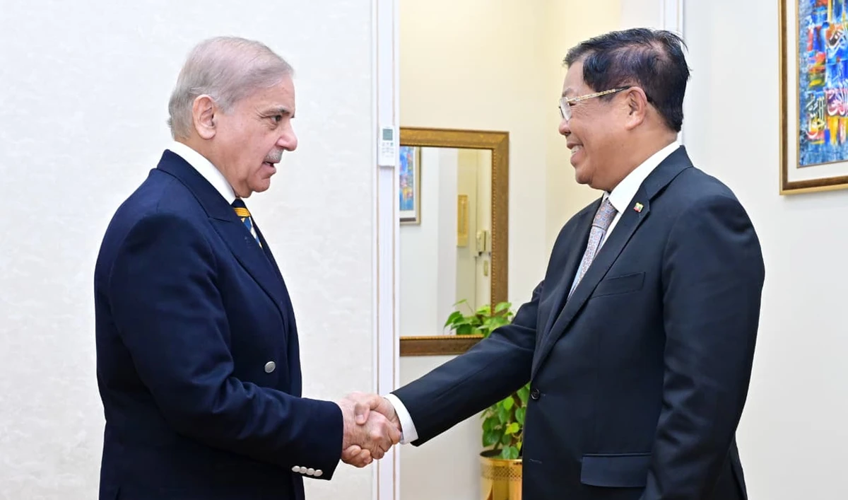 Prime minister Shehbaz Sharif (L) and Myanmar’s FM Than Swe (R) shake hands at the Ministry of Foreign Affairs in Islamabad on Jan 27, 2026. (X/GovtofPakistan)