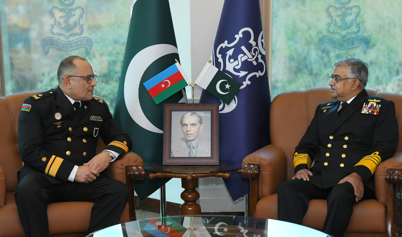 Commander of Azerbaijan Naval Forces, Rear Admiral Shahin Mammadov (Left), calls on Chief of the Naval Staff Admiral Naveed Arshad (Right) at Naval Headquater in Islamabad, on February 3, 2026. (DGPR Navy/X)