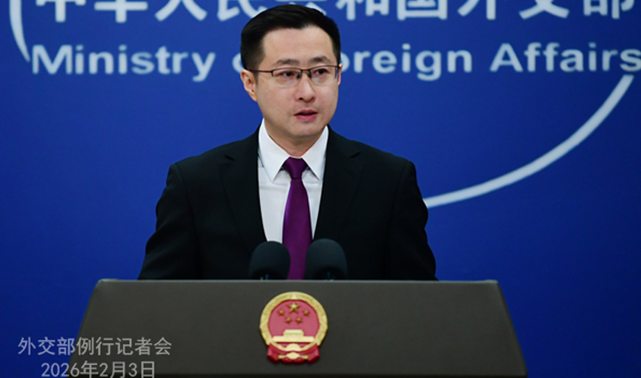Chinese Foreign Ministry spokesperson Lin Jian speaks during a media briefing in Beijing on February 3, 2026. (Chinese Foreign Ministry)