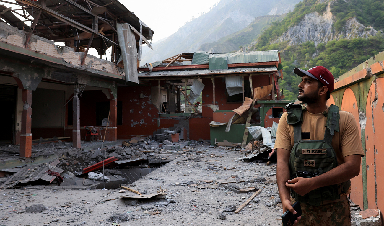 A Pakistan Army soldier stands at the premises of the Bilal Mosque, after it was hit by an Indian strike in Muzaffarabad, the capital of Pakistan-administered Kashmir, May 7, 2025. (REUTERS/ file)