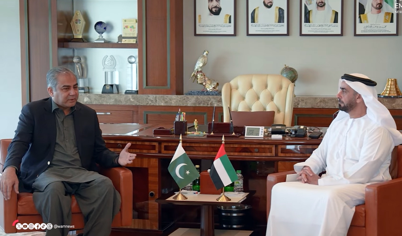 The screengrab taken from a video shows Pakistan’s Interior Minister Mohsin Naqvi meeting UAE Deputy Prime Minister and Minister of the Interior Lt. Gen. Sheikh Saif bin Zayed Al-Nahyan (right) in Abu Dhabi, UAE, on July 10, 2025. (Screengrab/WAM/File)