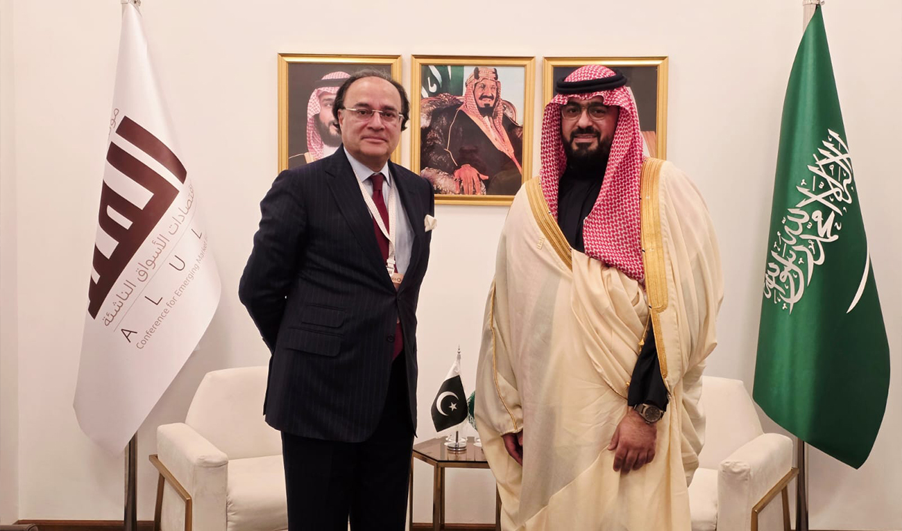 Pakistan’s Finance Minister Muhammad Aurangzeb (L) meeting with Saudi Arabia’s Economy Minister Faisal bin Fadhil Alibrahim on the sidelines of the AlUla Conference 2026 on February 8, in Saudi Arabia. (Finance Ministry)
