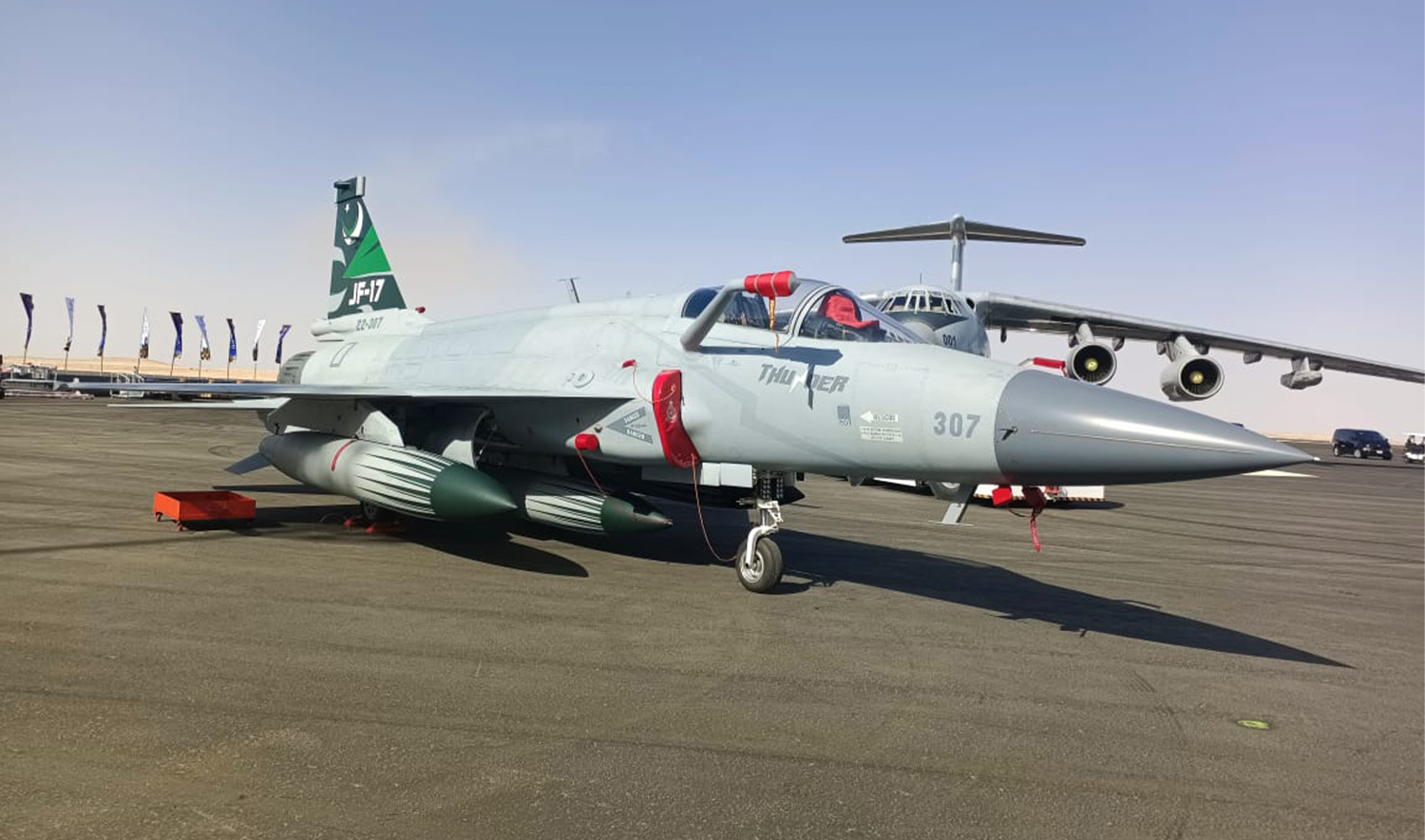 The picture posted by Pakistan Strategic Forum on February 7, 2026, shows Pakistan’s JF-17 fighter at World Defense Exhibition in Riyadh. (Pakistan Strategic Forum/X)