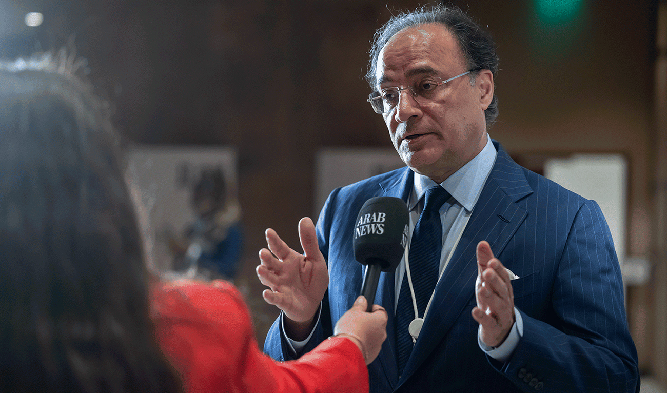 Finance Minister Muhammad Aurangzeb speaks with Arab News at the AlUla Conference for Emerging Market Economies in Saudi Arabia on February 9, 2026. (Alulaeme.com)