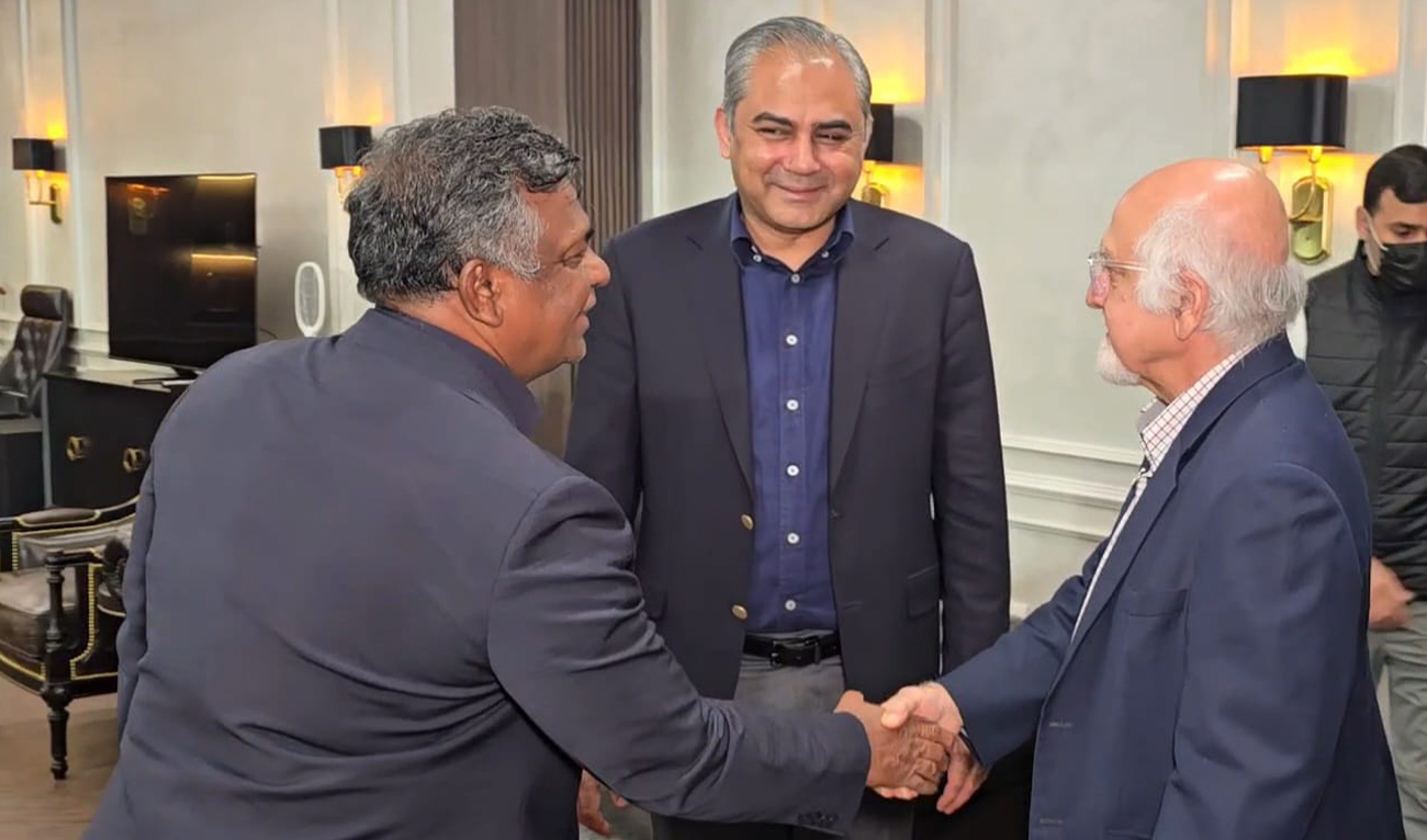 ICC Deputy Chairman Imran Khwaja (R), Bangladesh Cricket Board’s President Aminul Islam (L) and PCB chairman Mohsin Naqvi meeting in Lahore, Pakistan on February 8, 2026. (PCB)